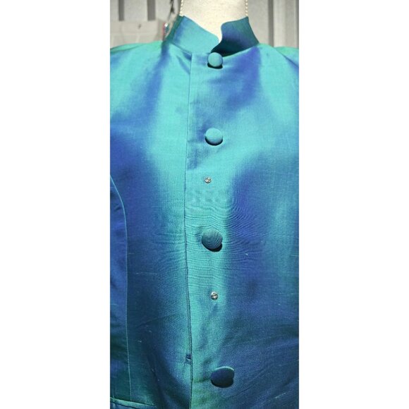 Vtg Cedro 2 Piece Womens Suit Sz S/M Iridescent Teal Blue 100% Silk Pantsuit Set - Picture 3 of 16